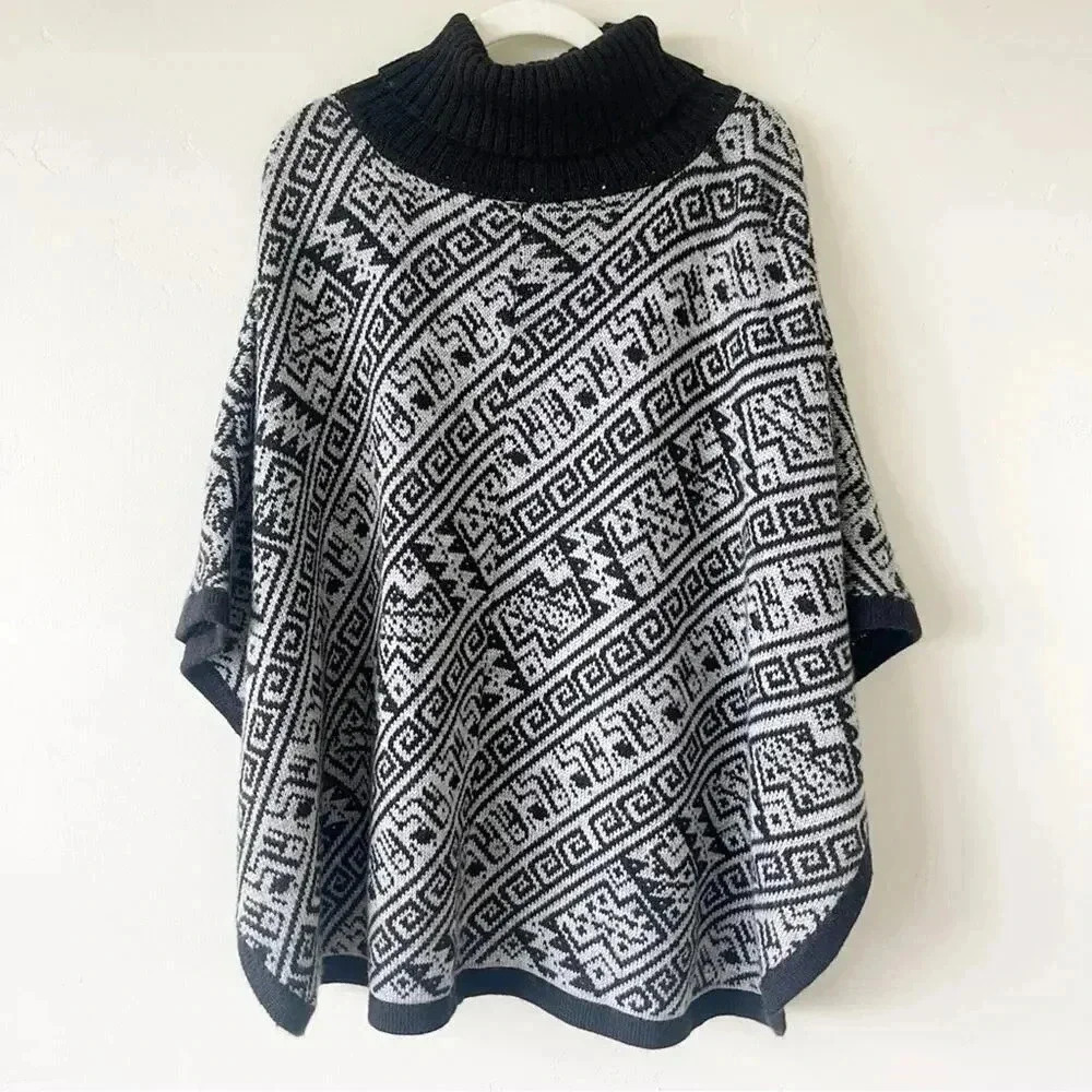 Black & White Geometric Knit Poncho with Turtleneck